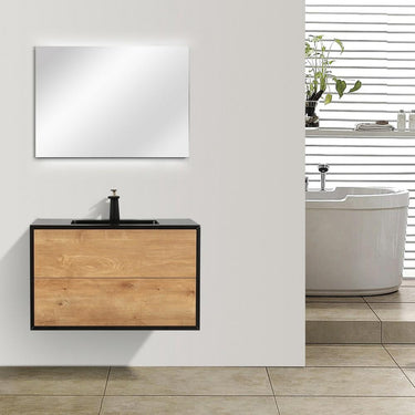 Eviva Vienna 36″ White Oak w/ Black Frame Wall Mount Bathroom Vanity w/ Black Integrated Top Vanity Eviva